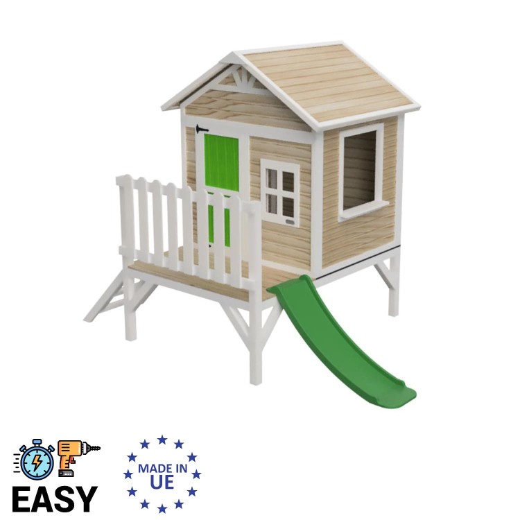 Maison d'enfants en bois à panneaux Masgames FLAM surélevés de 60 cm