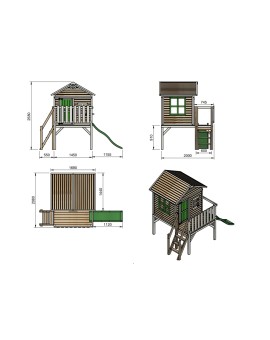 Maison d'enfants en bois à panneaux Masgames FLAM surélevés de 90 cm