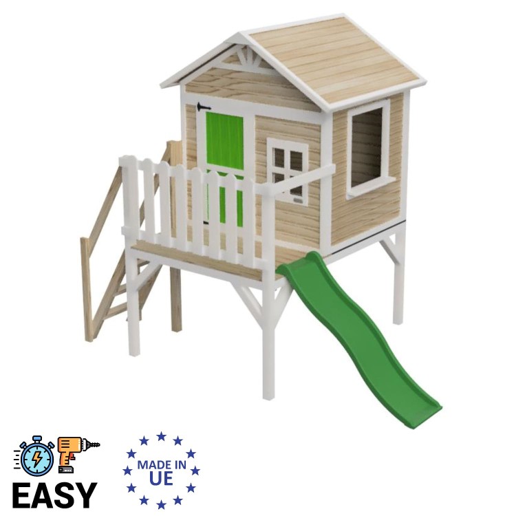 Maison d'enfants en bois à panneaux Masgames FLAM surélevés de 90 cm