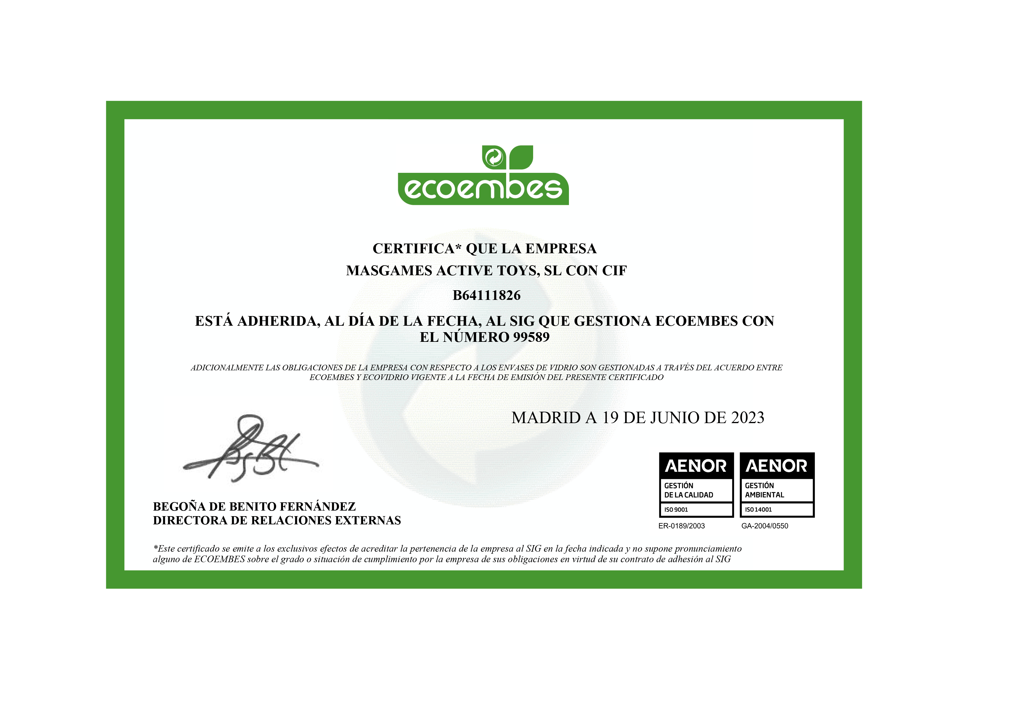 Certificat Ecoembes